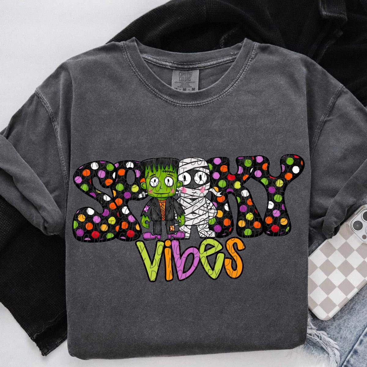 Spooky vibes polka dot frank and mummy (City) DTF transfer