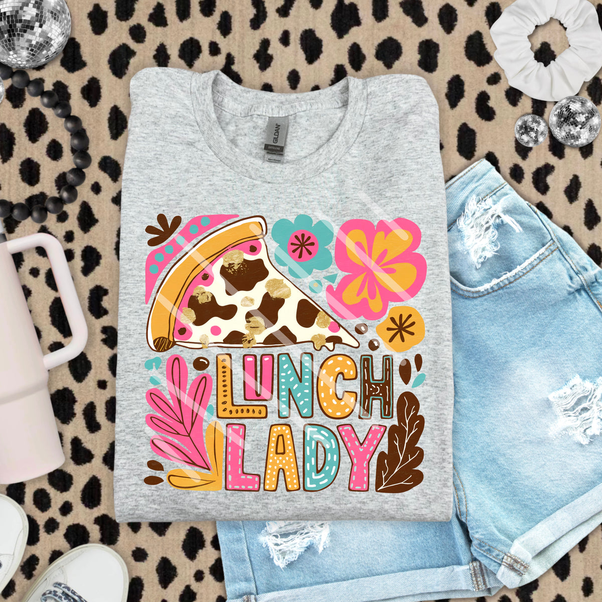 Lunch Lady Abstract Florals with Pizza 110838 DTF Transfer