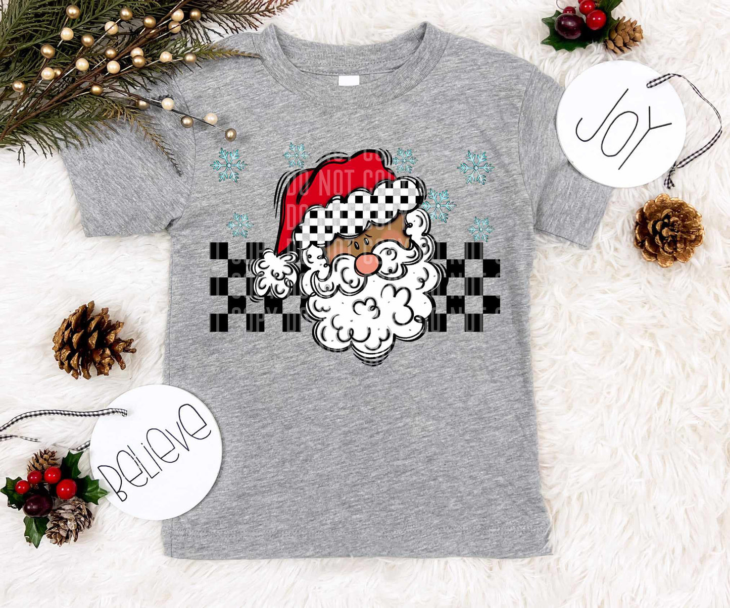 Dark Santa checkered hat blue snowflakes (caplinger) 73075 DTF transfer