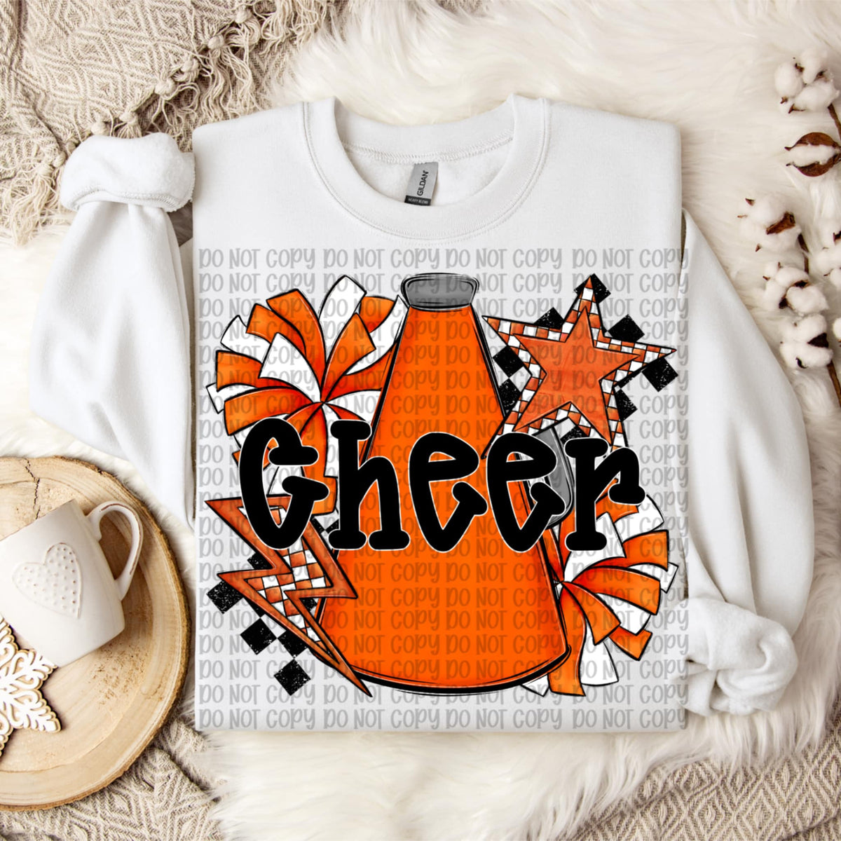 Cheer black words ORANGE megaphone and pom poms VP DTF transfer