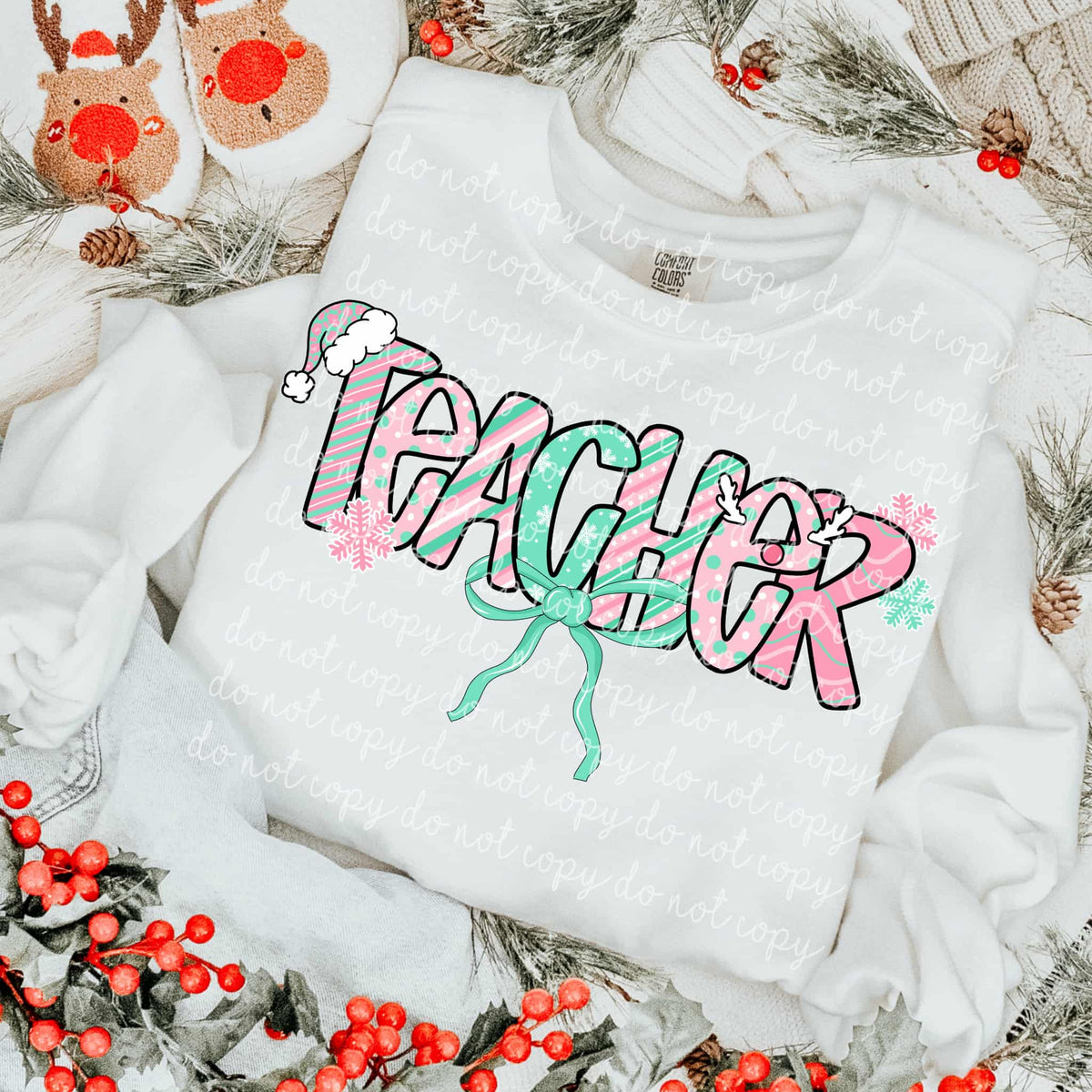 Teacher Mint and Pink Christmas letters DTF transfer