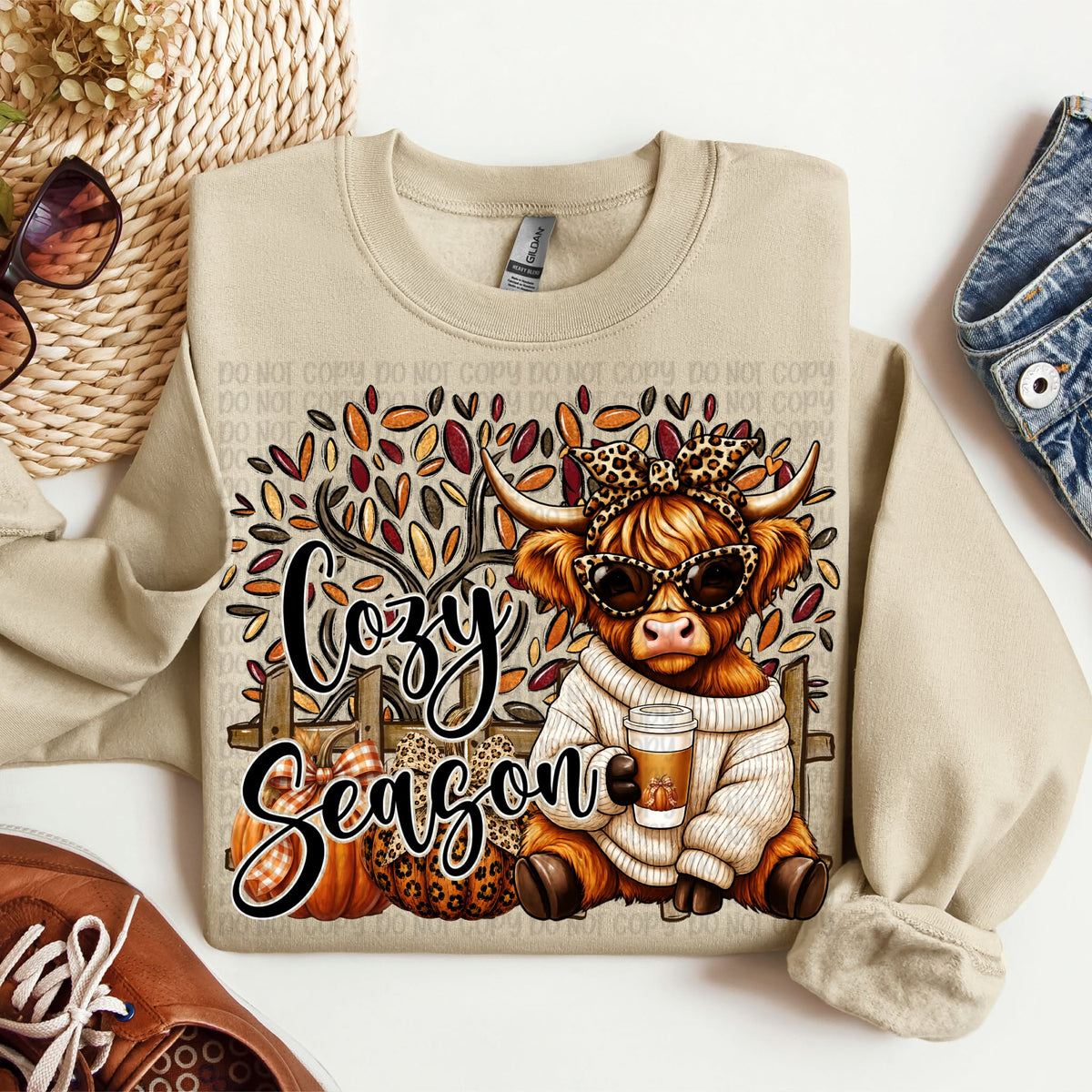 Cozy season highland cow in sweater with sunglasses fall background (VP) DTF Transfer