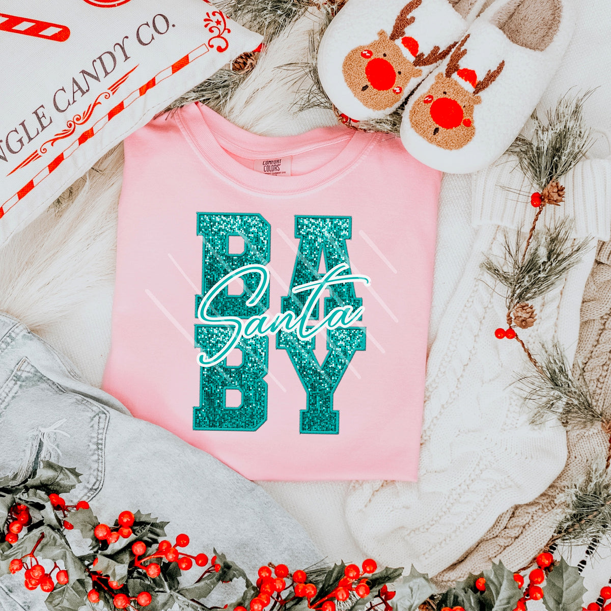 Santa Baby Teal Faux Glitter (Santa in blue text) 111651 DTF transfer