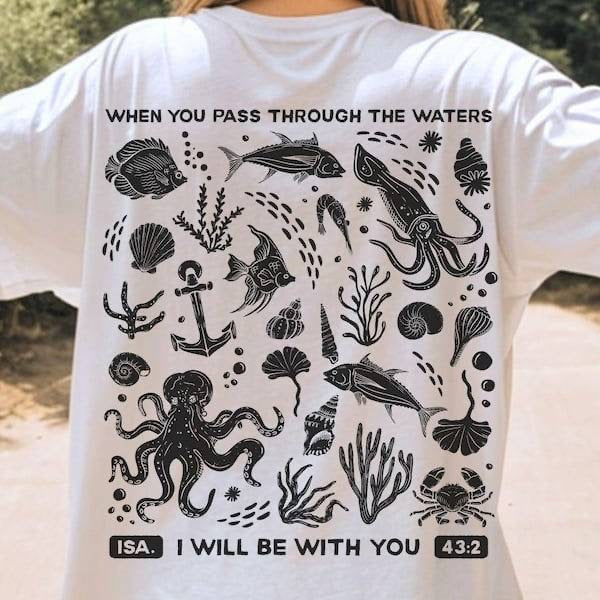 When you pass through the waters I will be with you ocean animals black font (KARTA) 62926 DTF transfer