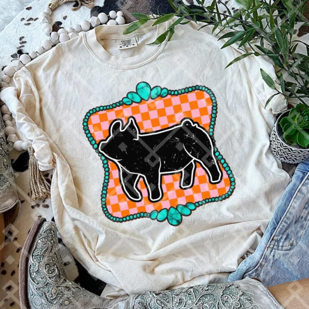 Pig with orange checkered background (CRAFTI) 91088 DTF transfer