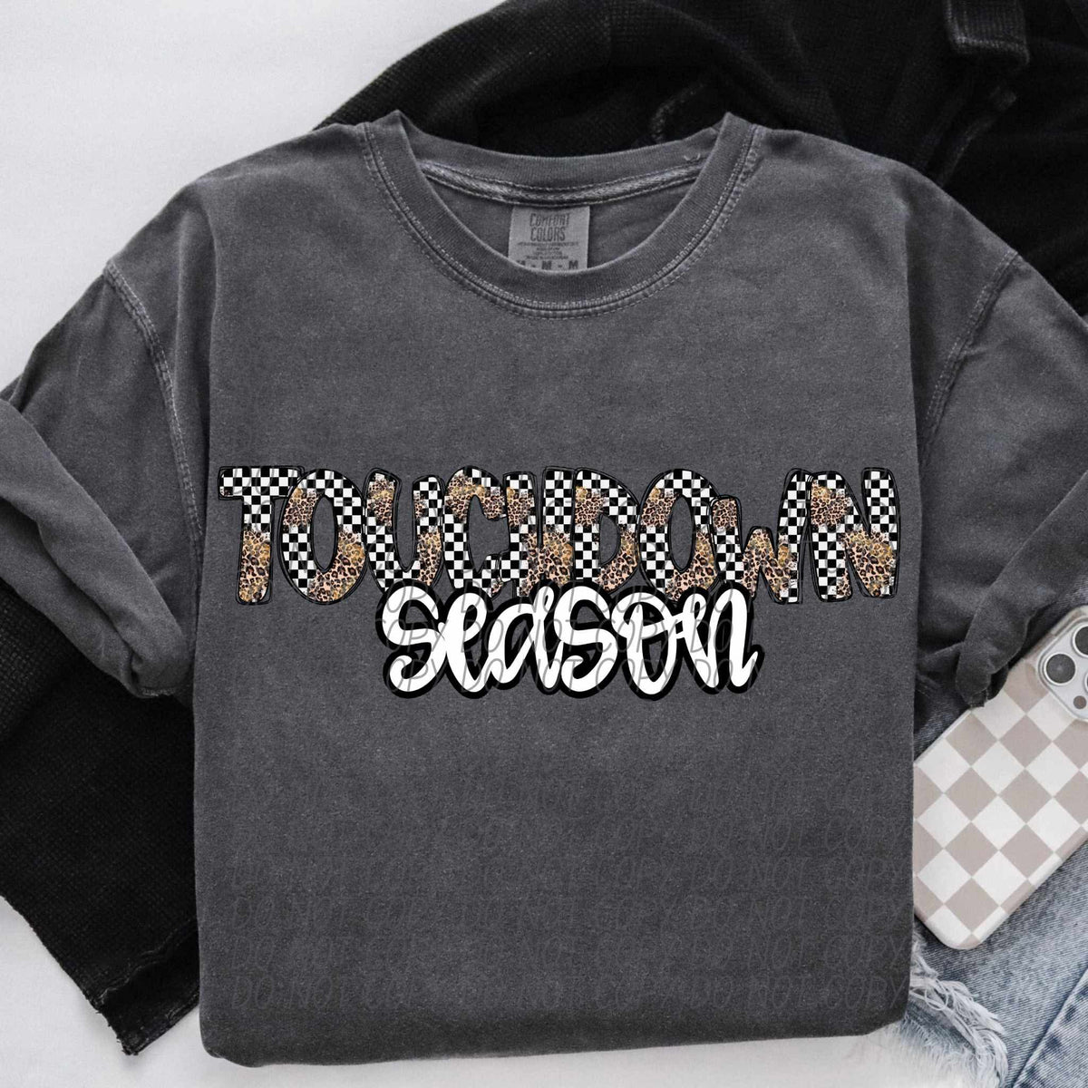 Touchdown season white lettering leopard and checkered font city DTF transfers