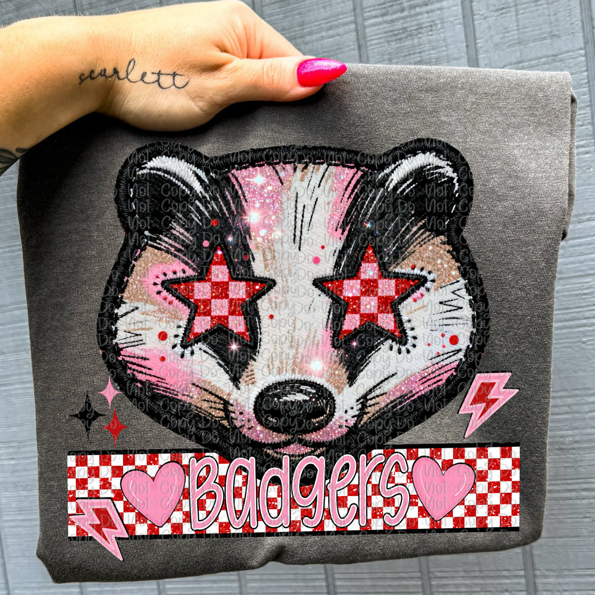 Badgers faux embroidery valentines (virgo) DTF transfer