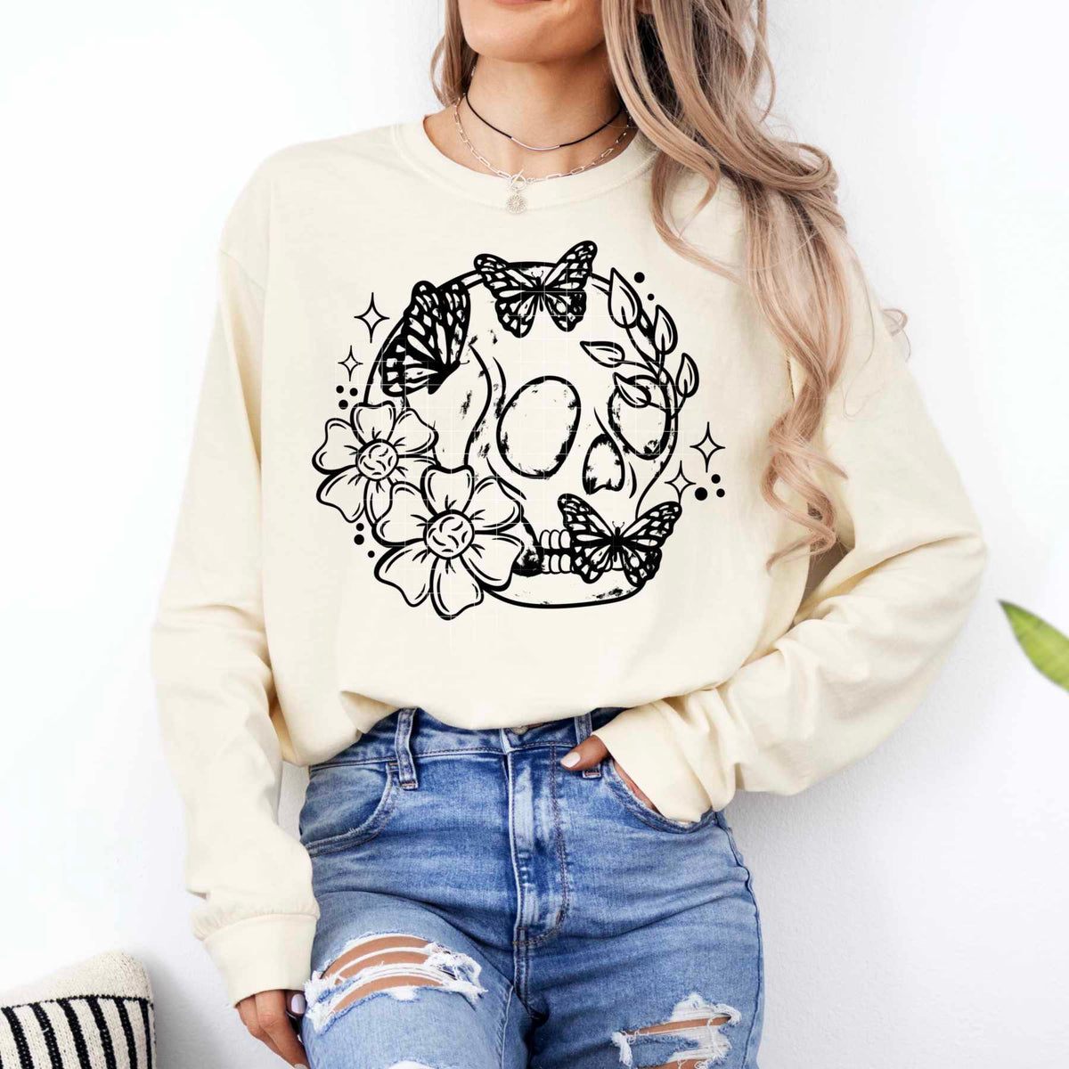 Floral skull black outline (CSC) 84094 DTF transfer