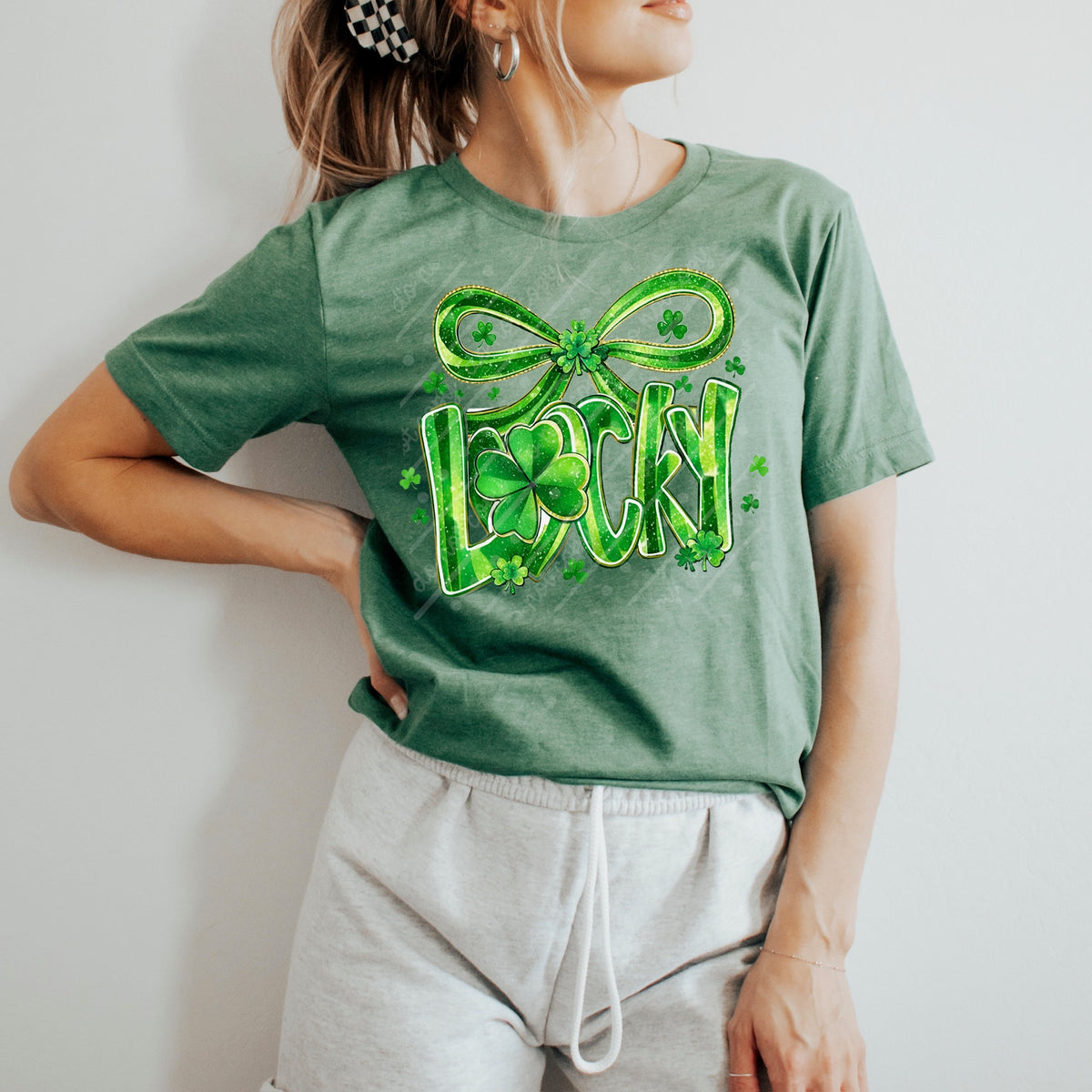 Lucky with green bow and clover DTF transfer