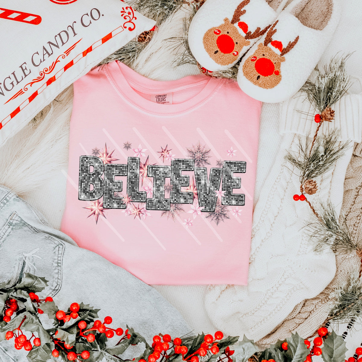 Believe DARK SILVER faux sequin letters and snowflakes 111588 DTF transfer