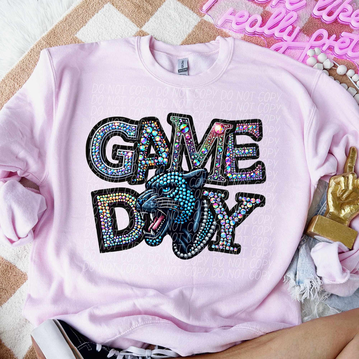 Game day panthers rhinestone colored mascot (CITY) 44386 DTF transfer