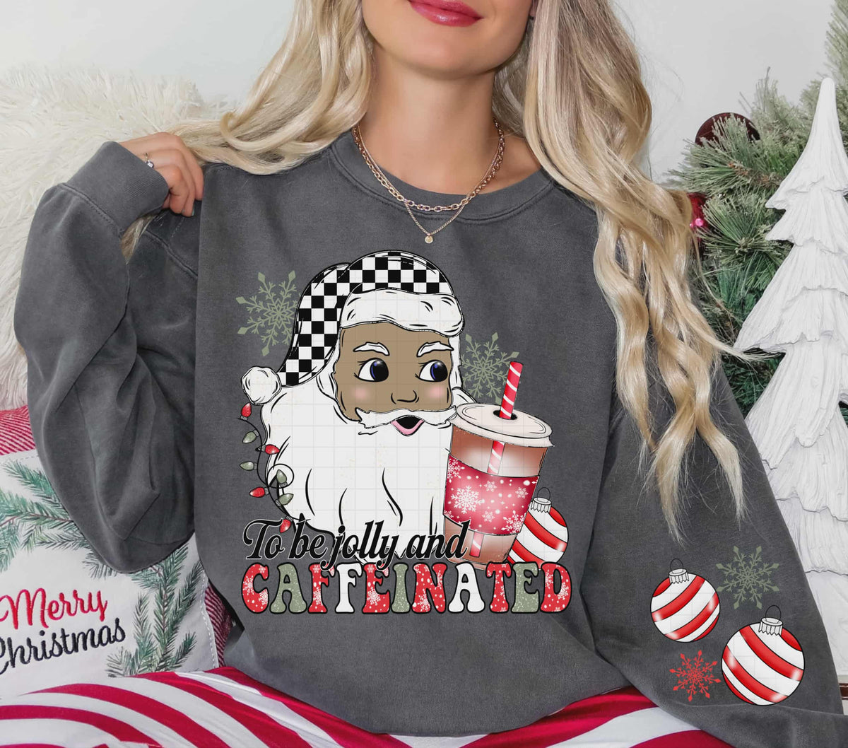 Jolly and Caffeinated darker skin Santa and checker hat (linda) DTF Transfer