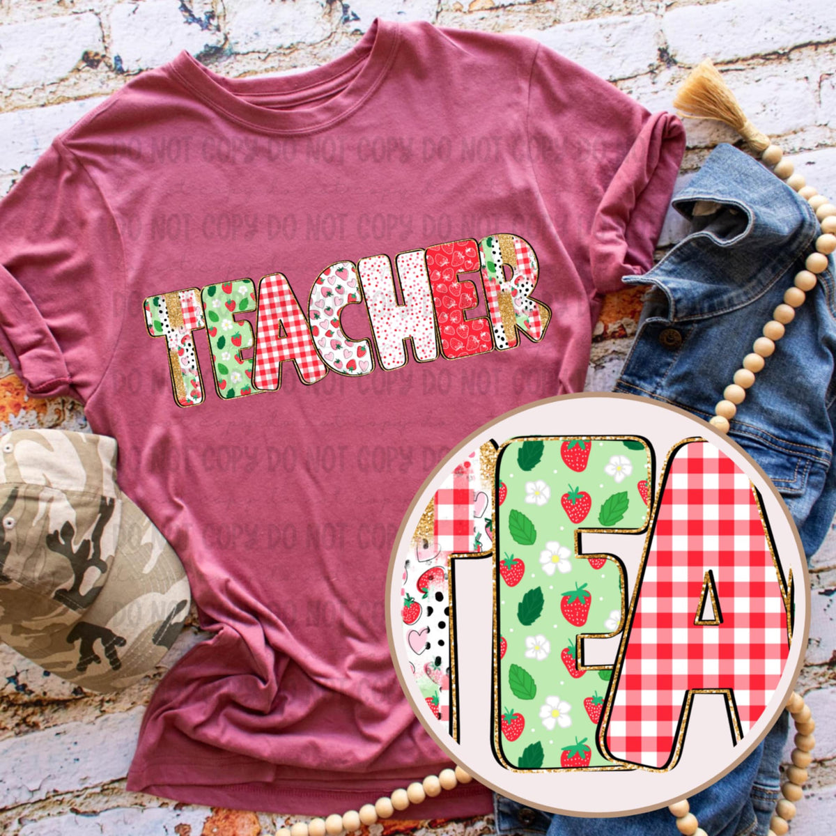Teacher strawberry patterned (Revel) 92551 DTF transfer