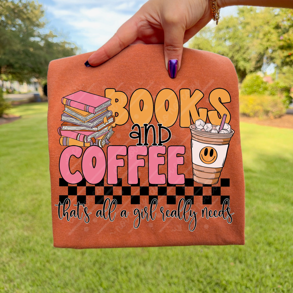Books and Coffee with (iced coffee & book stack) (scarlow) DTF Transfer