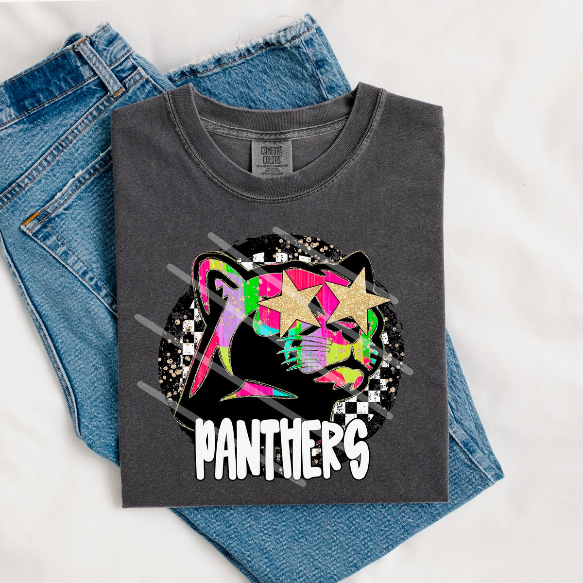 Panthers Mascot rainbow checker circle (county line) 111037 DTF transfer