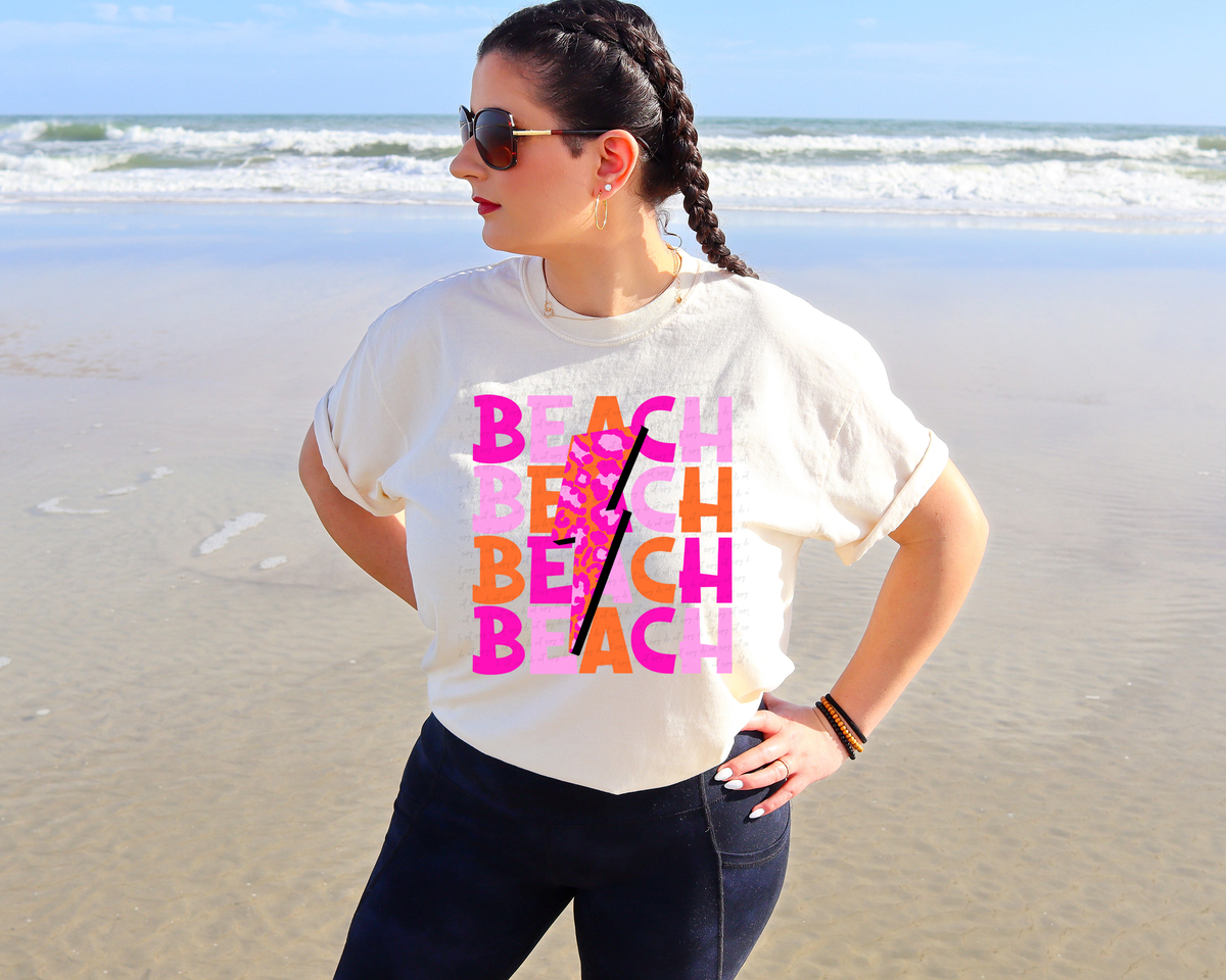 Beach Stacked Leopard Lightning Bolt Bright Pink and Orange 116126 DTF Transfer