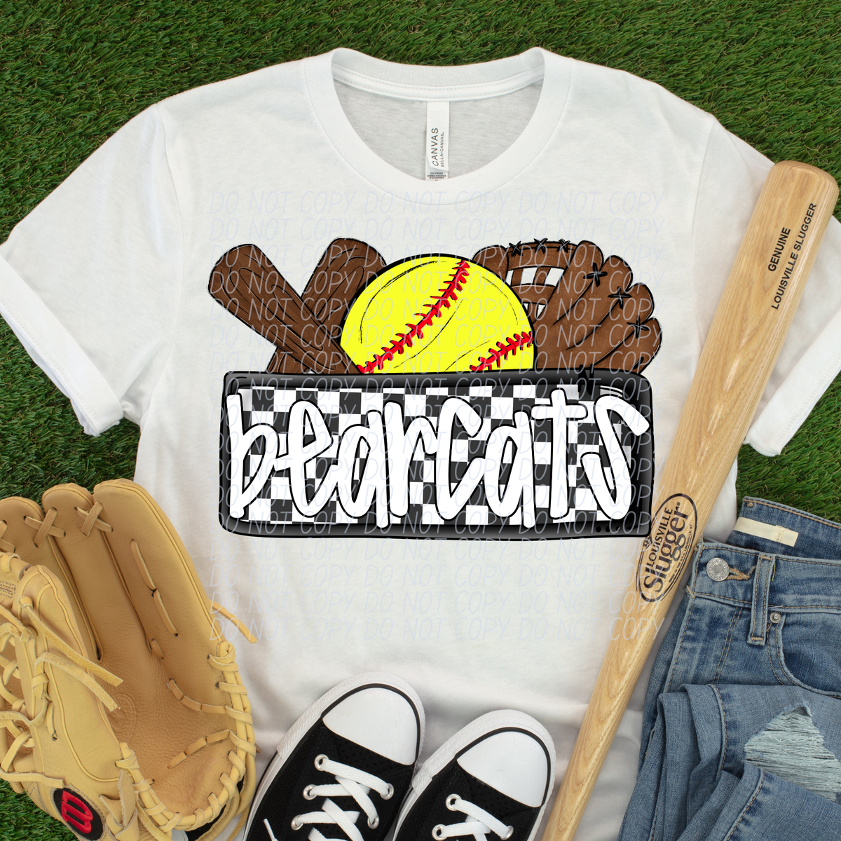 Bearcats (Bat, Softball, Glove, Checkered background) (City) DTF transfer