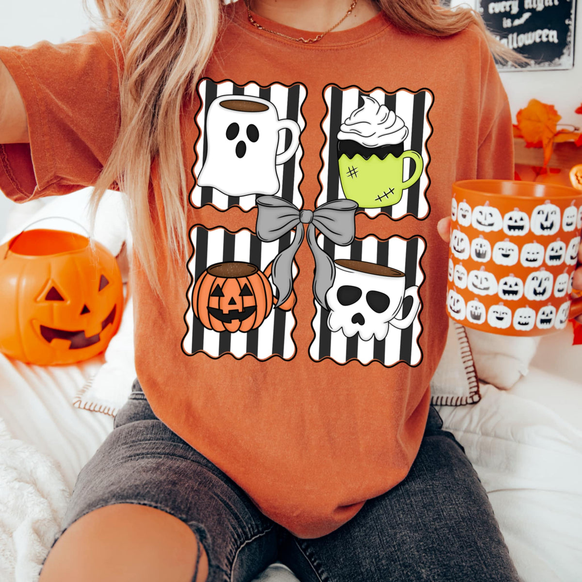 Halloween mugs striped frames CMD  DTF transfer