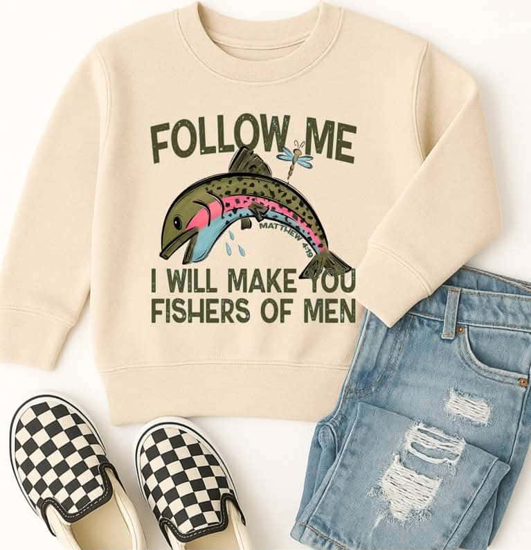 Follow me fishers of men with blue dragonfly (s&g) DTF transfer