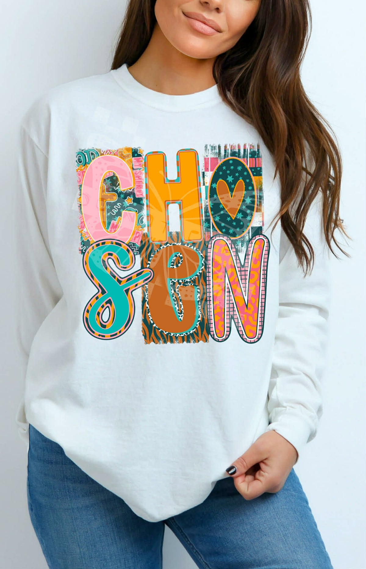Chosen stacked (pink teal and orange) (C’s) DTF transfer