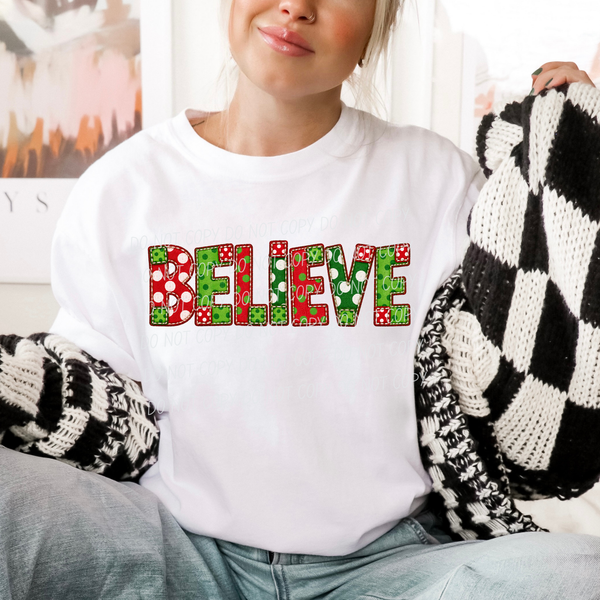 Believe-Dot Font-Green and Red (CITY)DTF Transfer