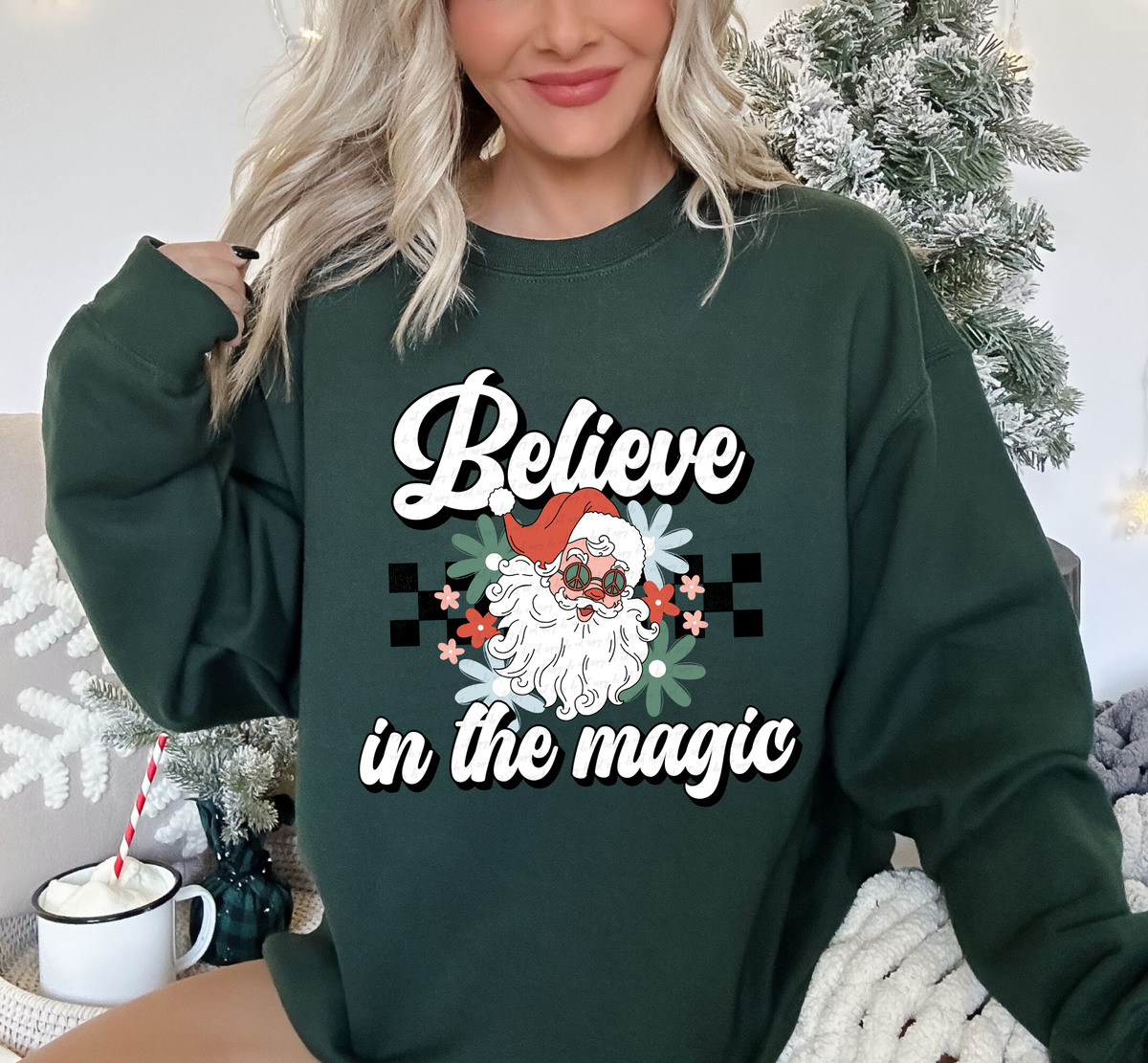 Believe In The Magic Santa Retro Floral Checkered 116128 DTF Transfer