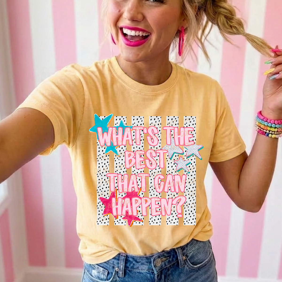 whats the best that can happen striped polkadot background with stars (CITY) DTF Transfer