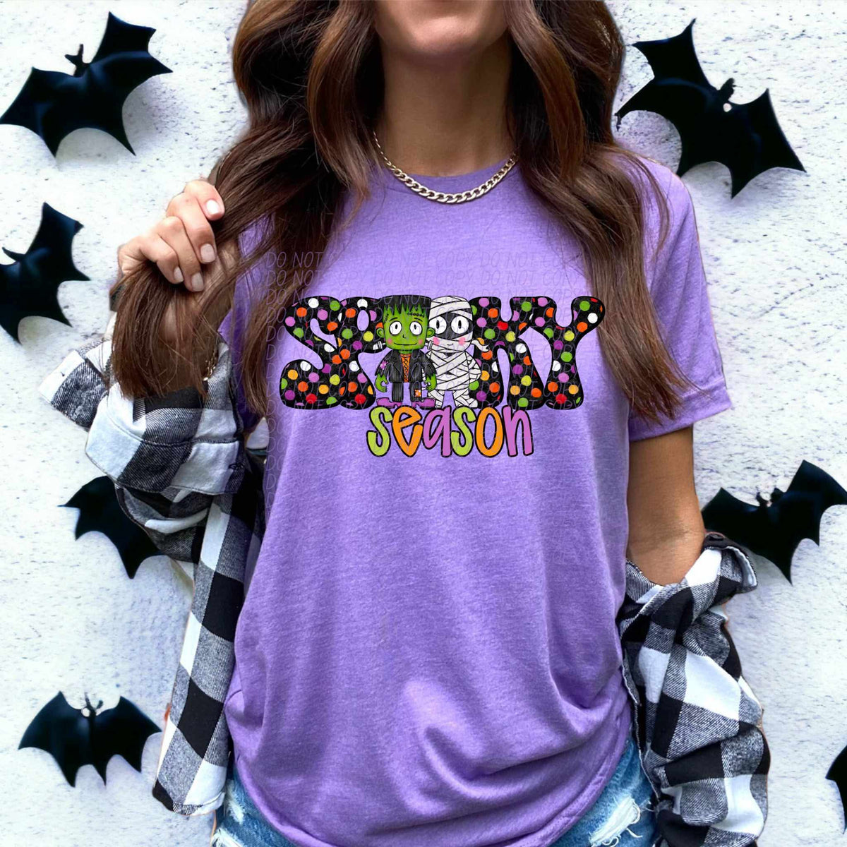 Spooky Season polka dot mummy and Frankenstein (city) DTF transfer