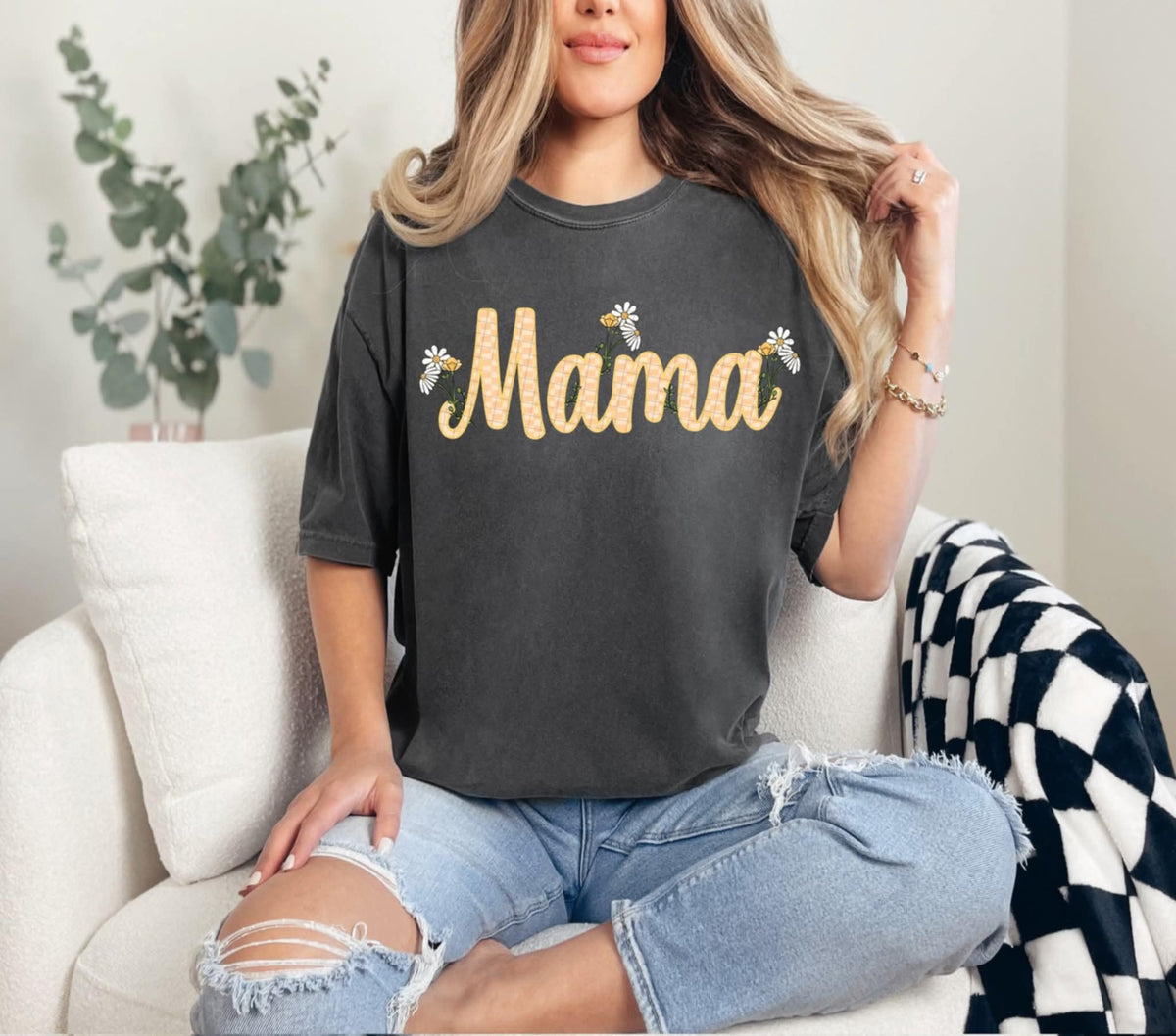 Mama spring flowers checkers yellow outline (Linda) 107844 DTF transfer