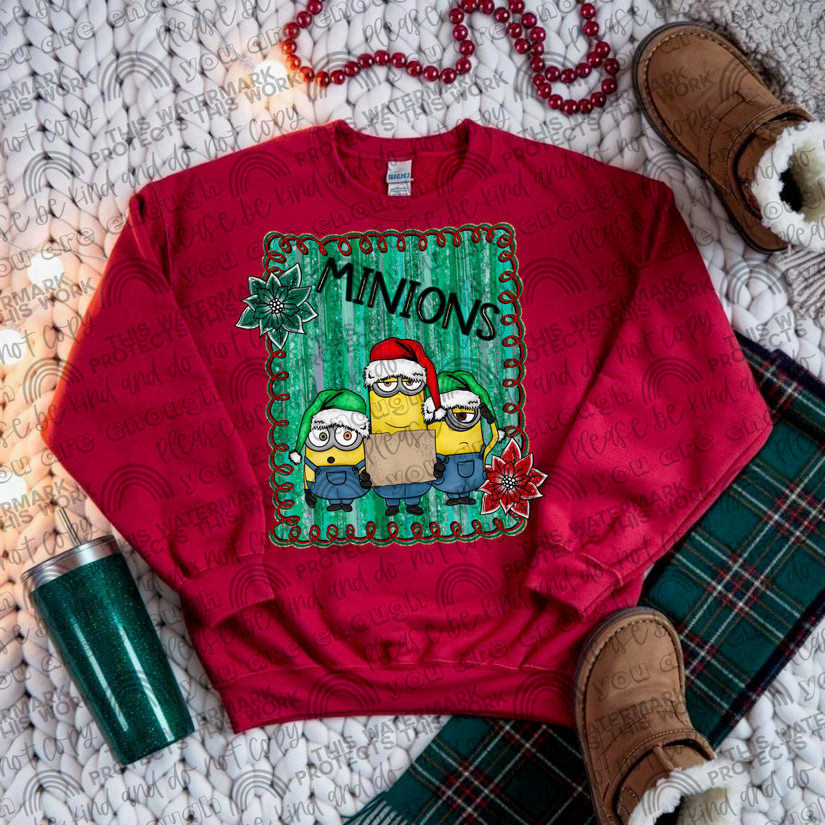 Yellow Guys green squiggly frame Santa hat DTF transfer