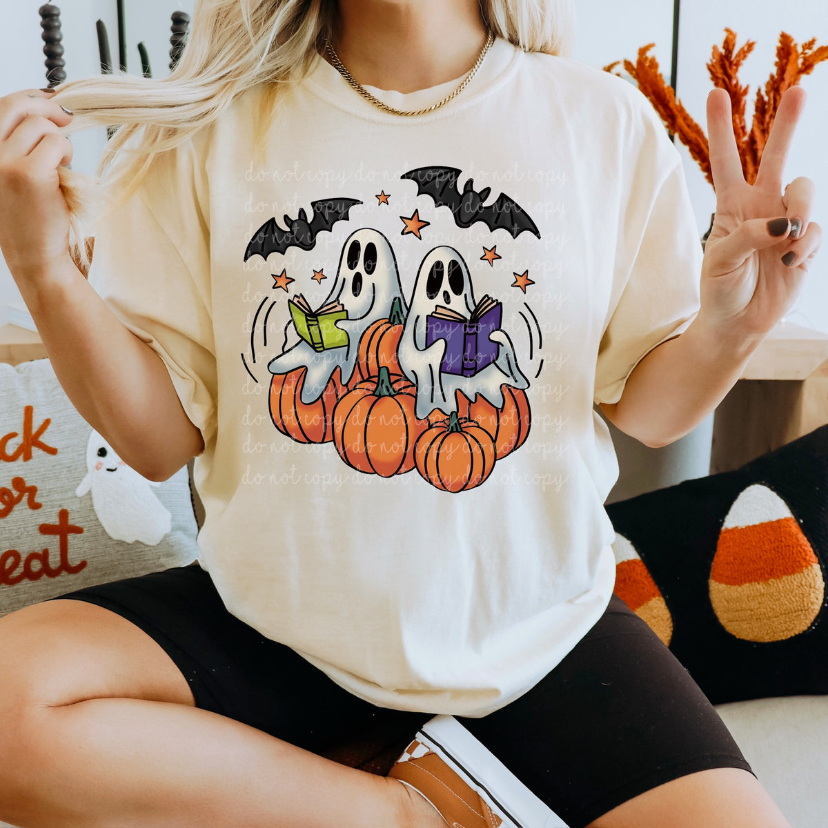 Ghosts reading books on pumpkins DTF Transfer
