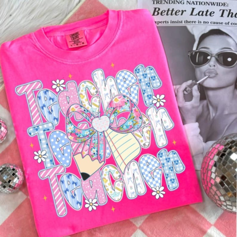 Teacher with pencil bow DTF transfers