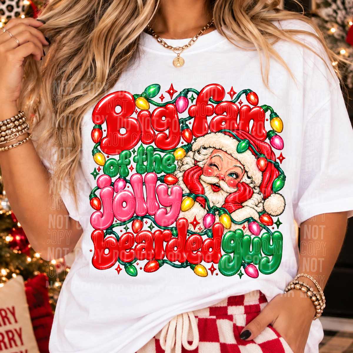 Big fan of the the jolly breaded guy bubble letters with Santa and Christmas lights (SBB) DTF Transfer