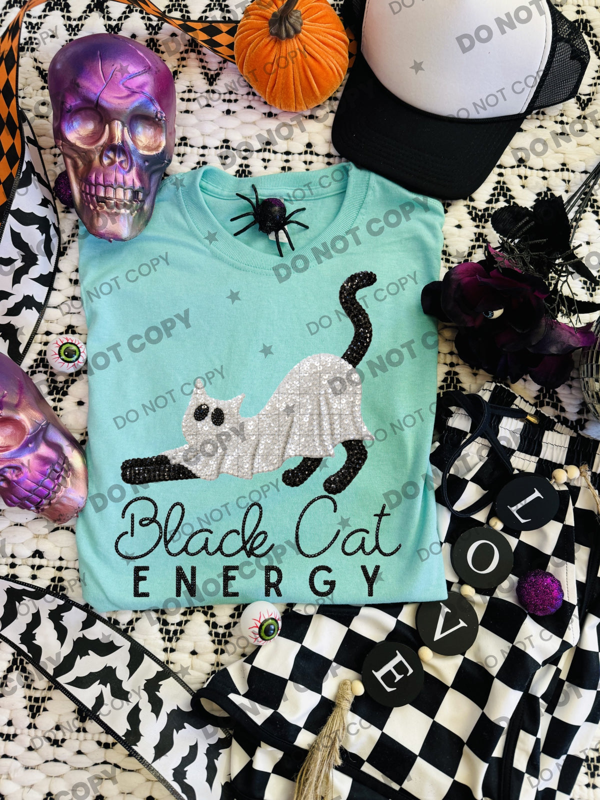 Black cat energy cat stretching faux sequins (HW) DTF Transfer