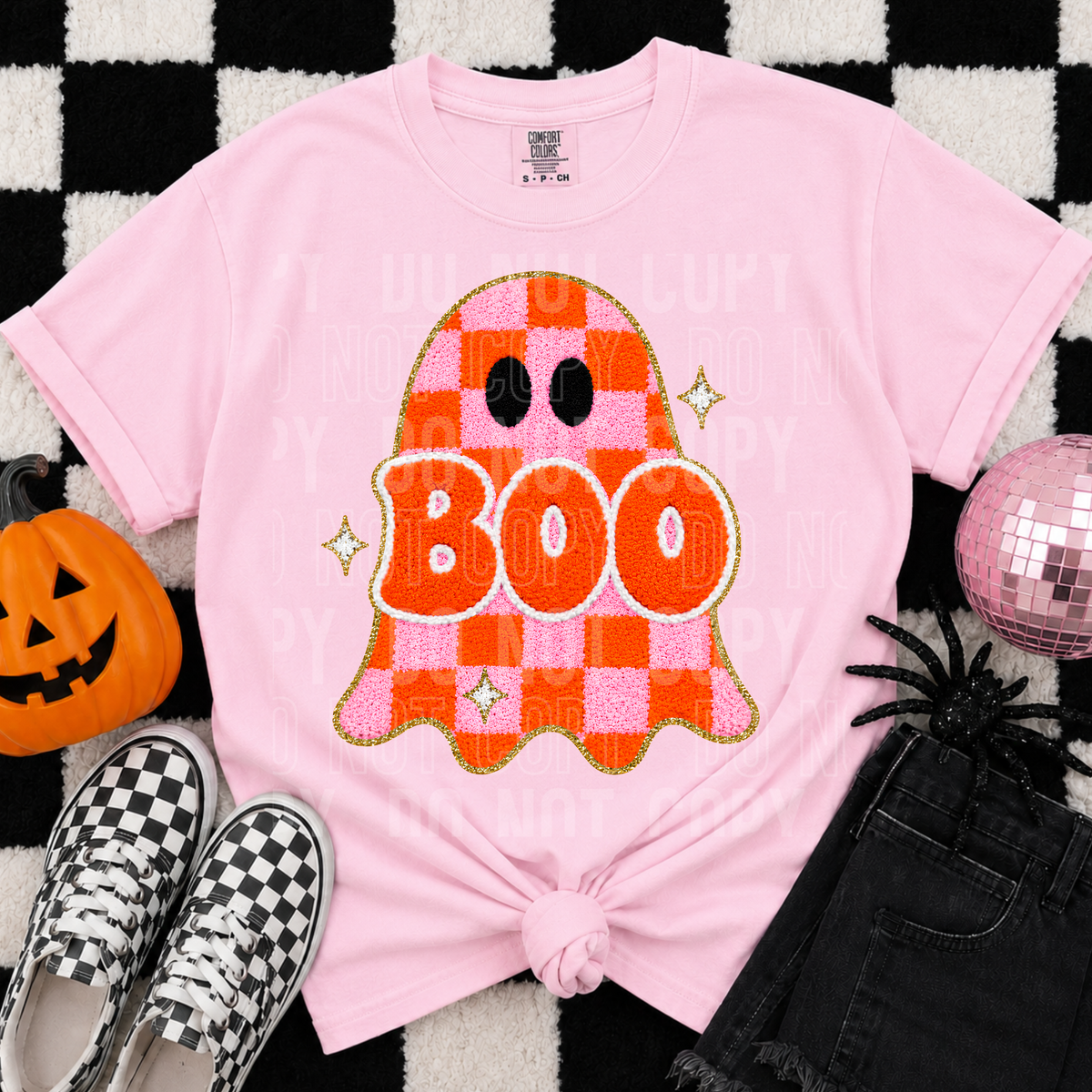 Boo pink and orange checkered faux felt ghost (SBB) DTF Transfer