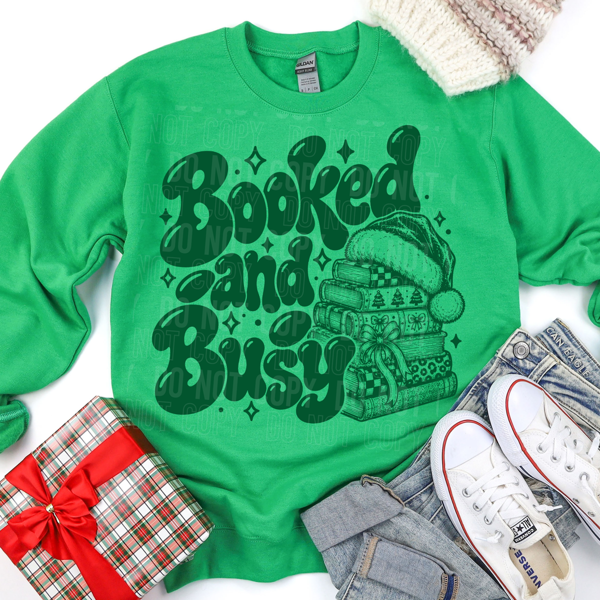 Booked and busy book stack with Santa hat on top (SBB) DTF Transfer