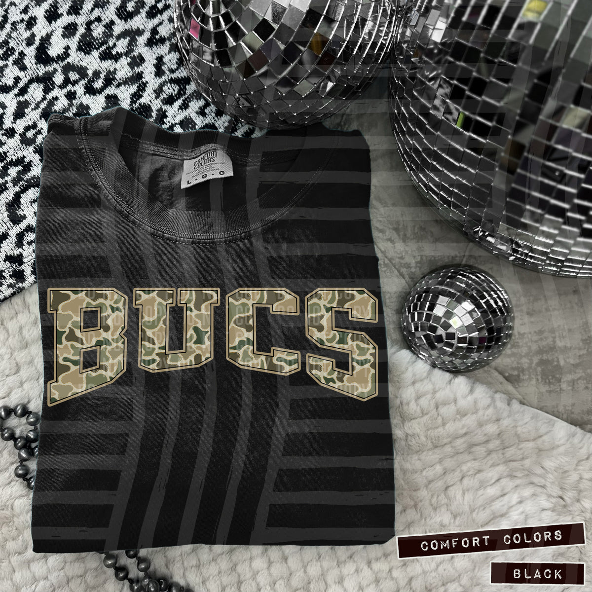 Bucs faux glitter camo arched (Caplinger) DTF transfer