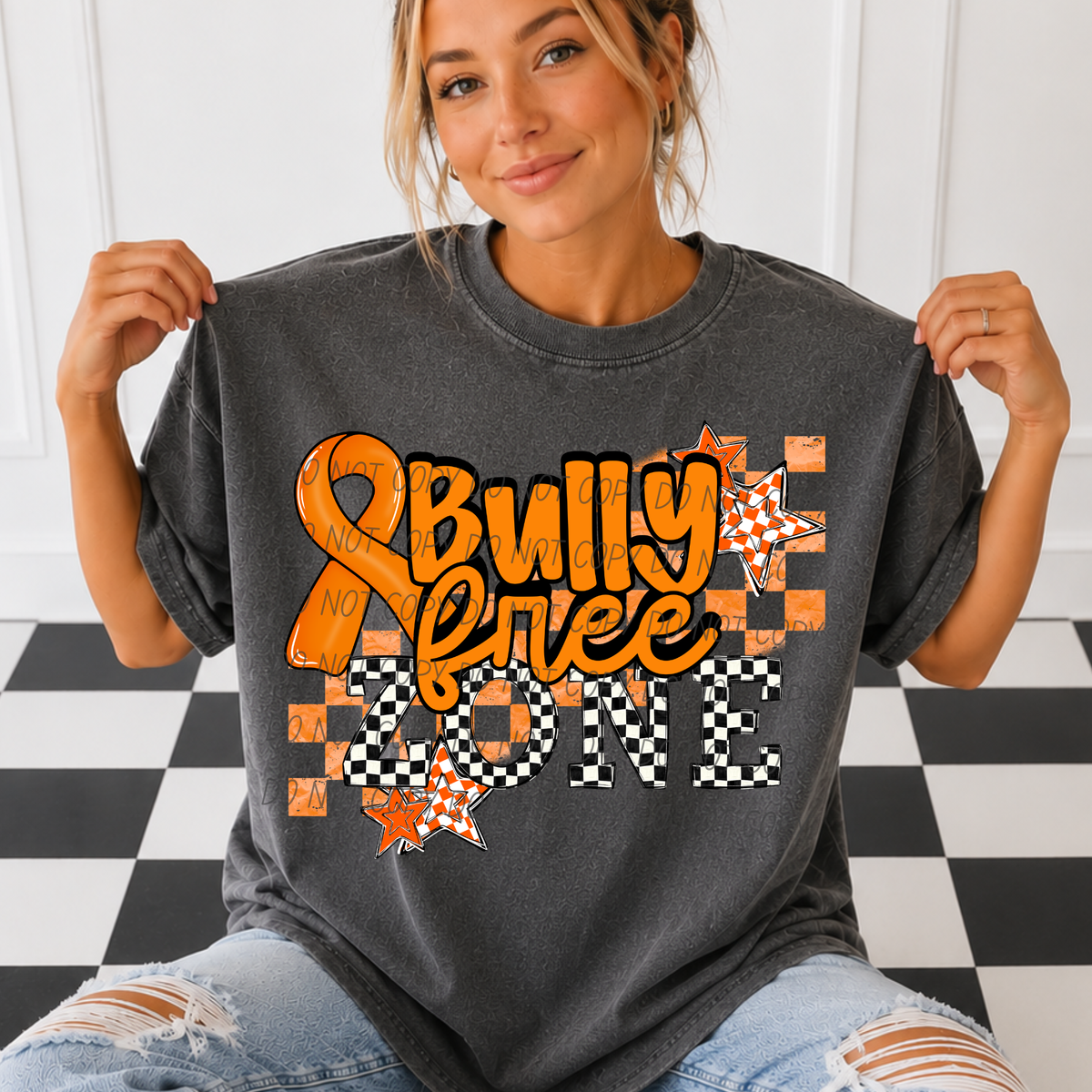 Bully free zone-WHITE checkered font (CITY) DTF Transfer