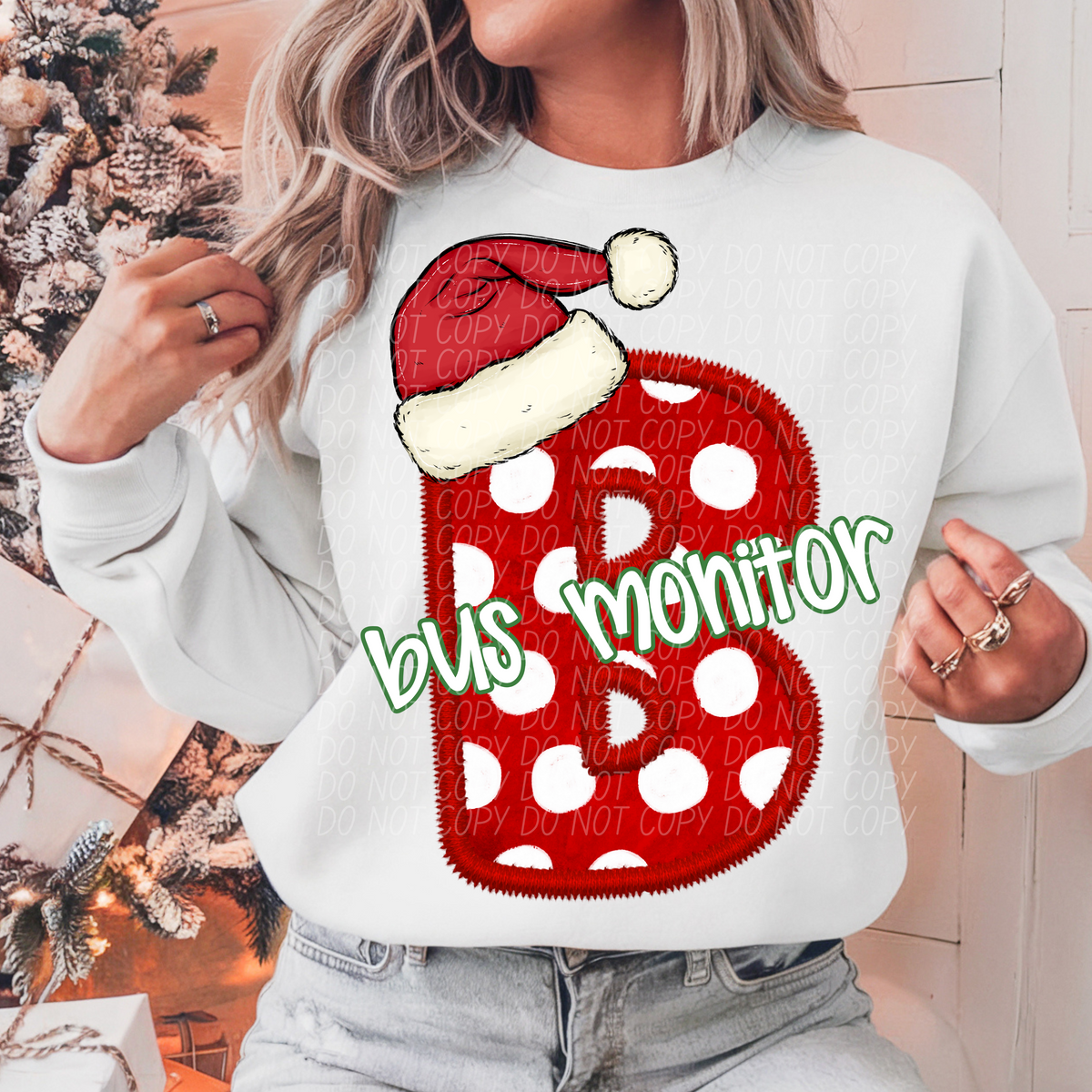 Bus Monitor Polka Christmas Faux Embroidery 66561 DTF transfer