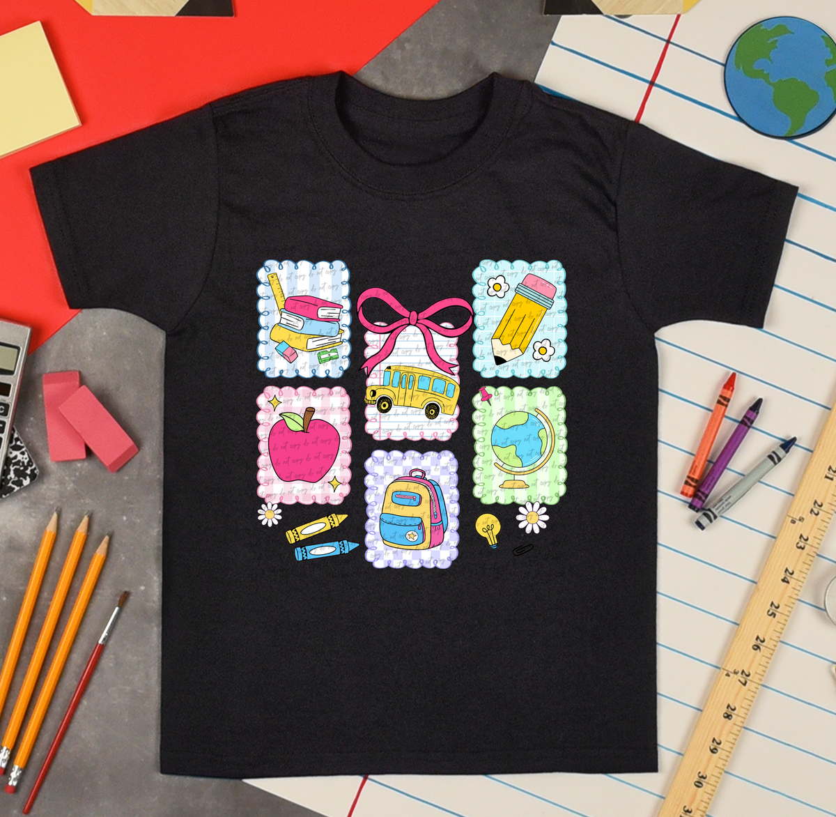 Back to School Coquette - Books Apple Crayons Bus Bag Pencil 108691 DTF transfer