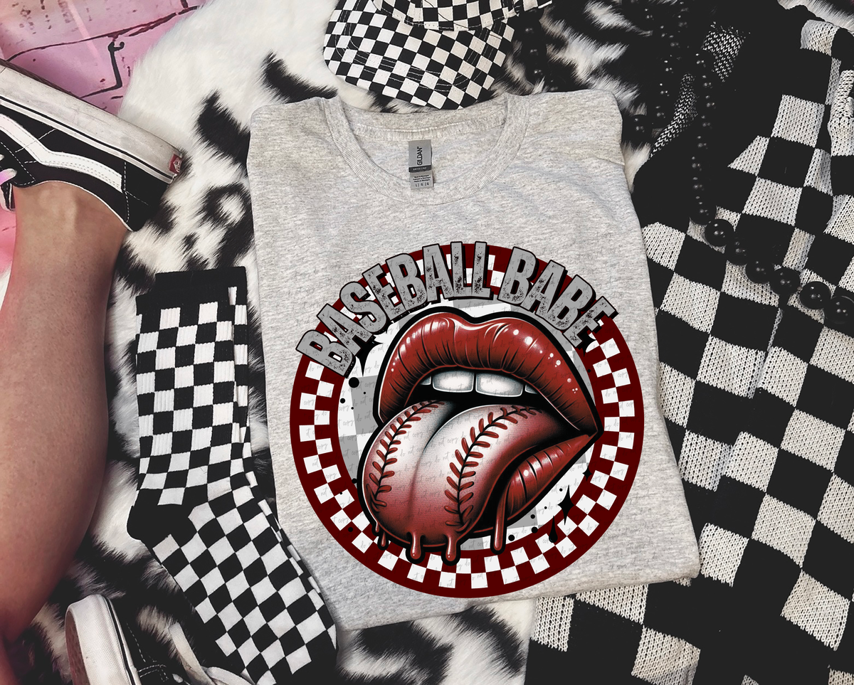 Baseball Babe Red Lips Tongue Out Grey Font 81859 DTF Transfer