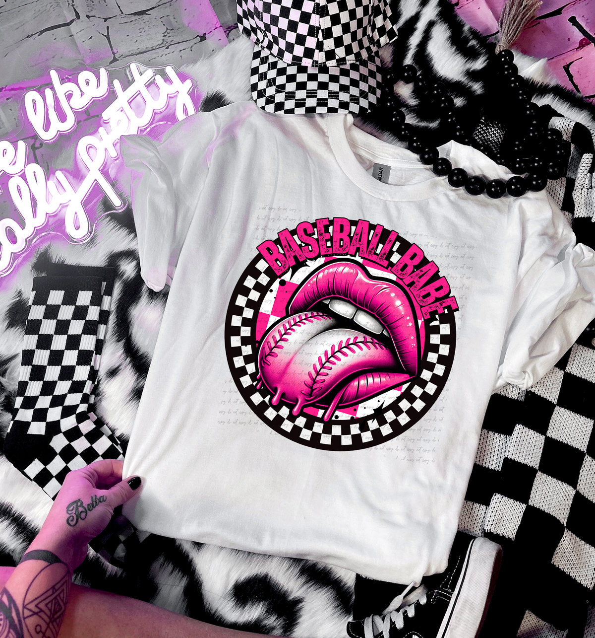 Baseball Babe Pink Lips Tongue Out Pink Font 81860 DTF Transfer