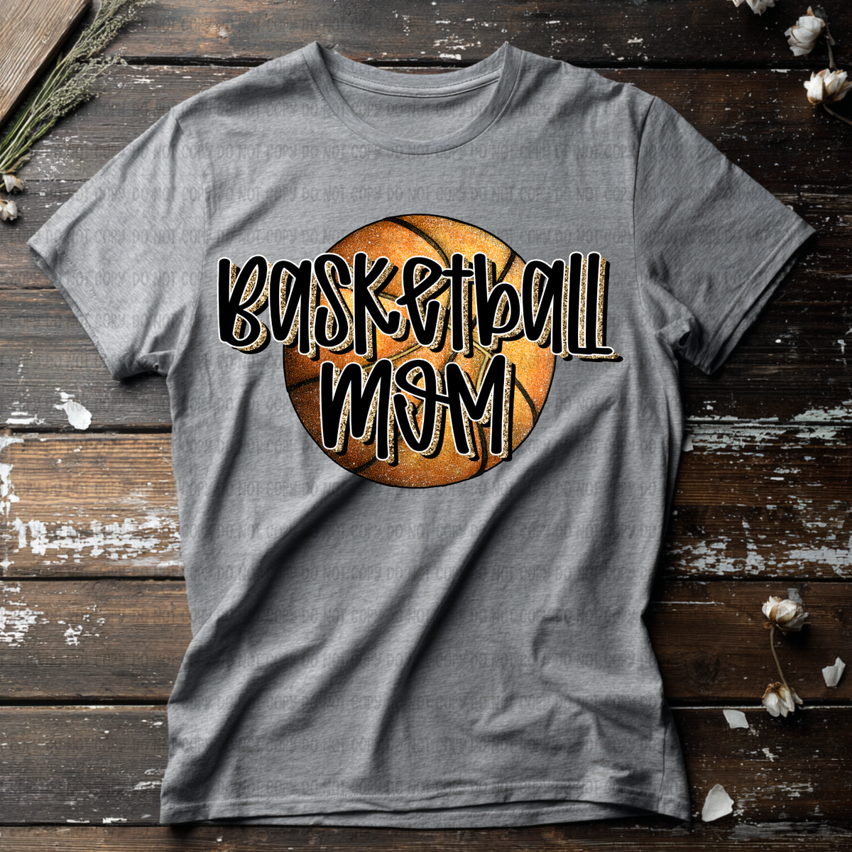 Basketball mom faux glitter outline (ball background) (Revel) DTF Transfer