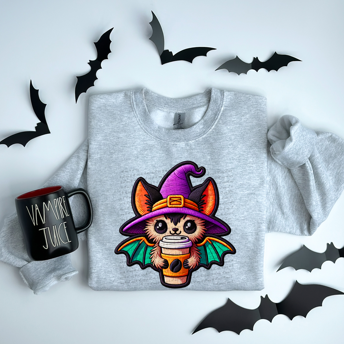 Faux Embroidery Bat Witch with Coffee 57385 DTF transfer