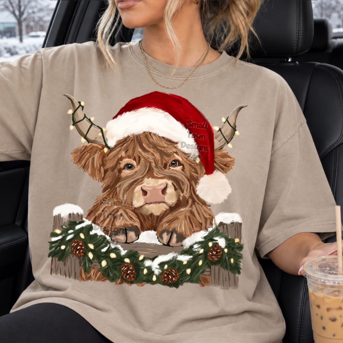 Brown highland cow in red Santa hat (STD) DTF Transfer