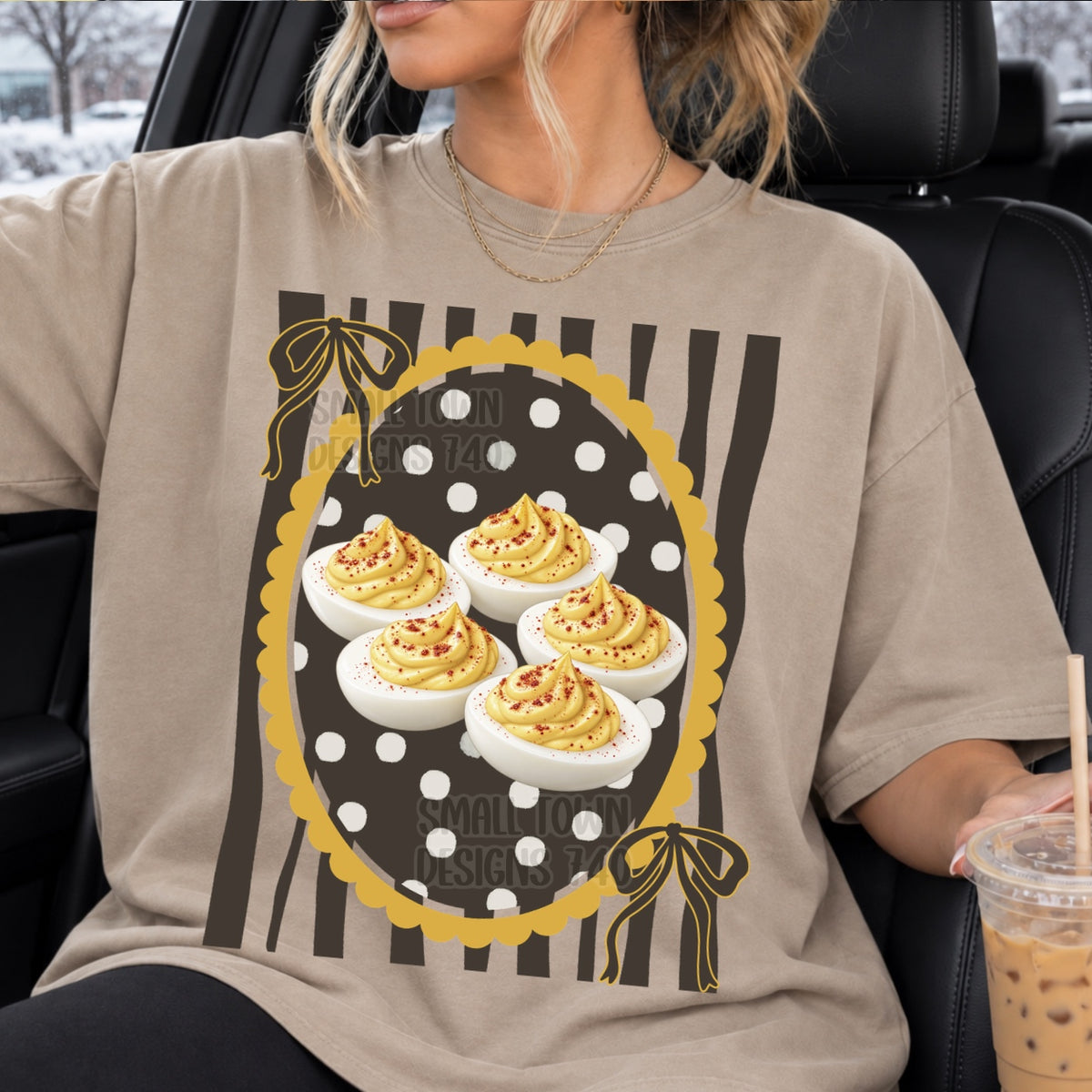 Deviled eggs oval scalloped frame with bows brown stripes (STD) DTF Transfer