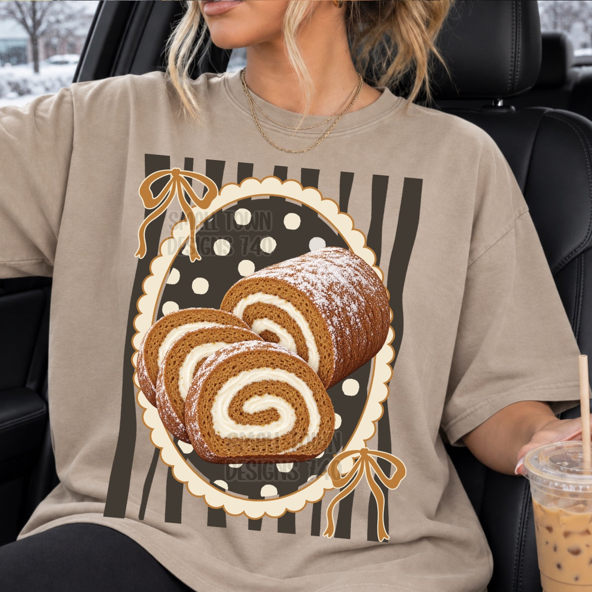 Pumpkin roll oval frame with bows green stripes (STD) DTF Transfer