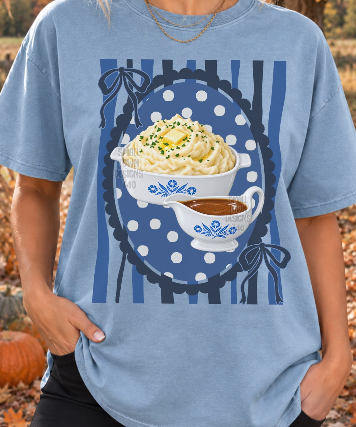 Mashed potatoes and gravy oval scalloped frame with bows blue stripes (STD) DTF Transfer