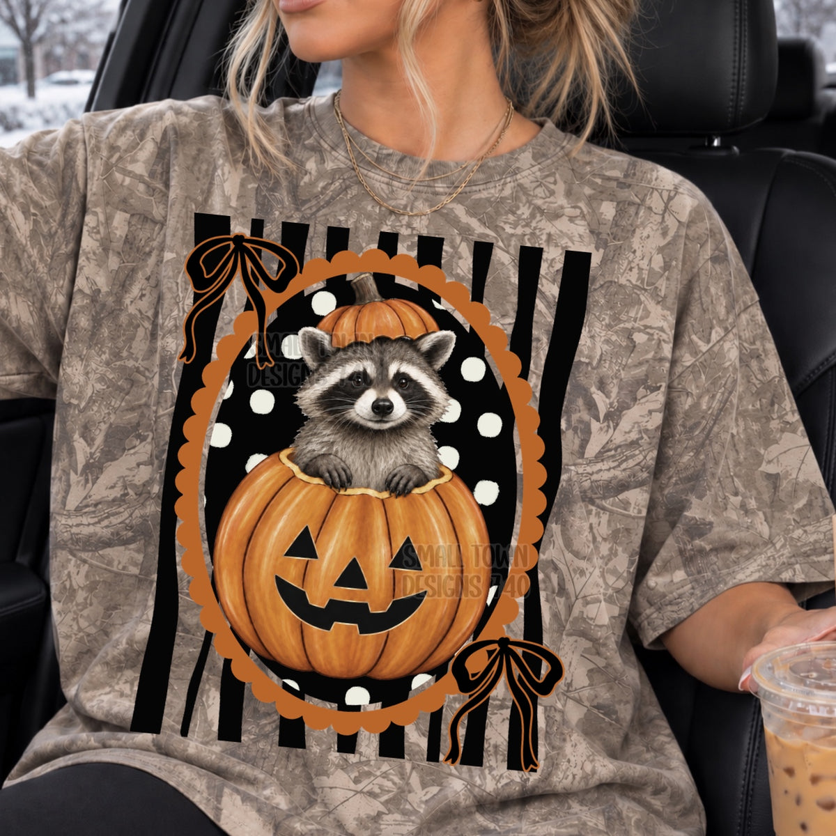Raccoon sitting in pumpkin in polkadot oval frame with black stripes and brown bows (STD) DTF Transfer