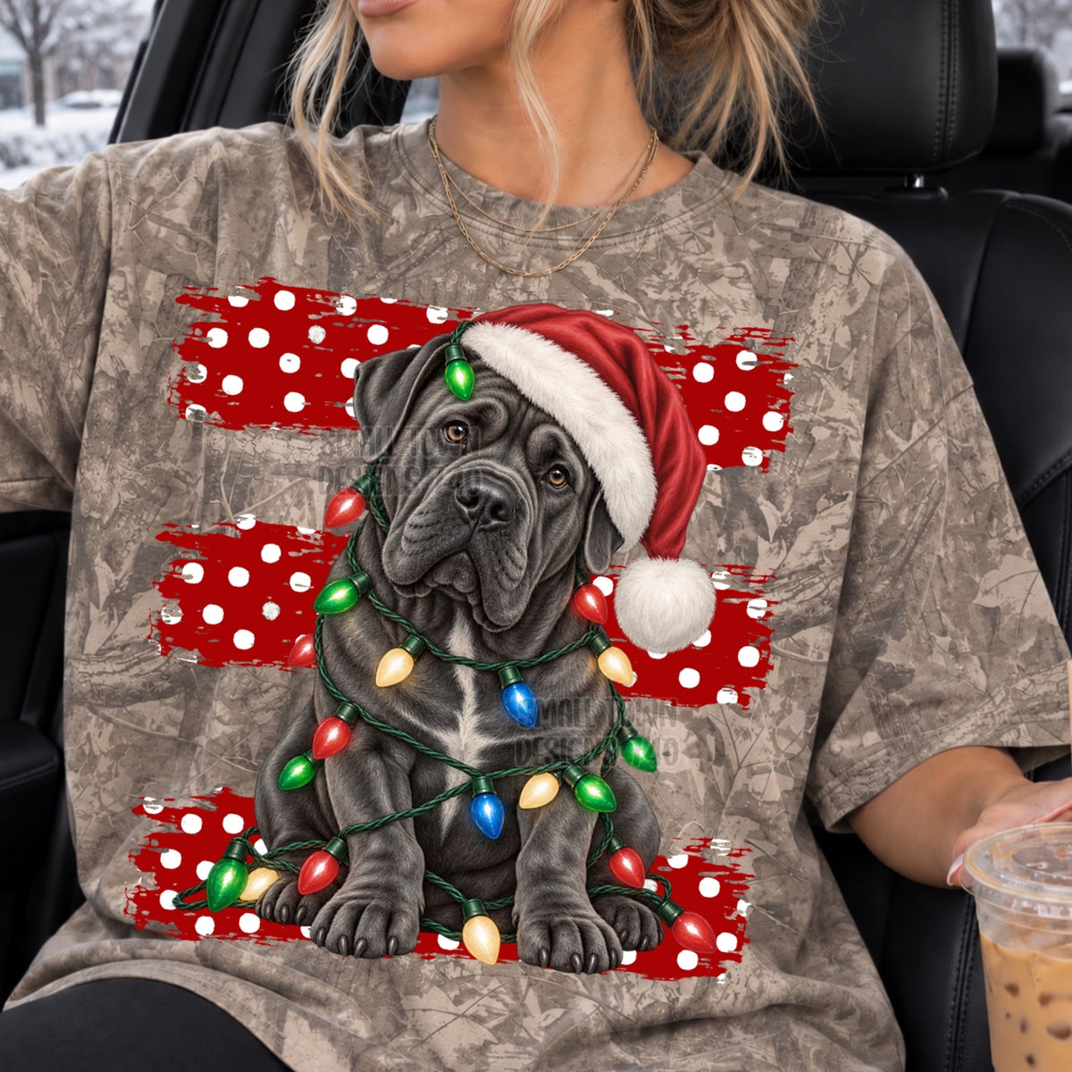 Cane Corso black wrapped in Christmas lights red polkadot stripes (STD) DTF Transfer